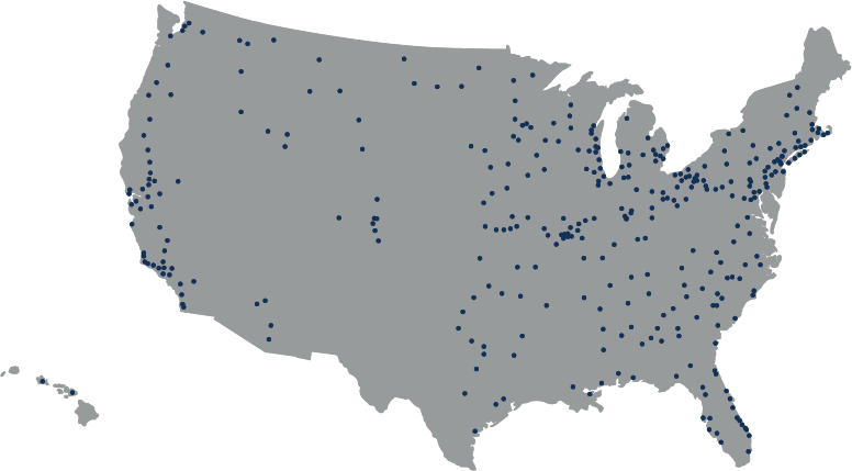 Dark Gray map of the United States with navy blue dots indicating the more than 400 branches of Stifel
